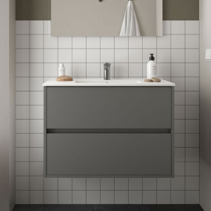 Mobiletto bagno sospeso 56x45 cm 1 anta grigio con lavabo e specchio
