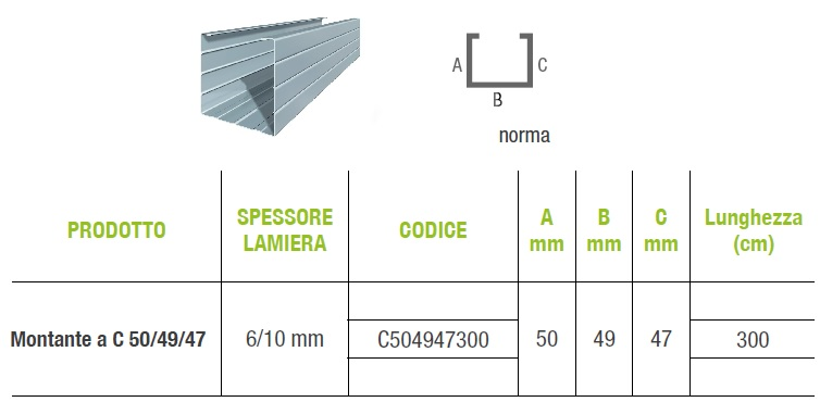 Montante a C 50/49/47 - Profilo Metallico per Cartongesso - Lunghezza Barra  300 cm