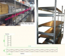 Scaffalatura industriale a ripiani lunghezza 12 metri , altezza 2,50 mt, profondità 60 cm  con 5 ripiani in altezza