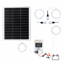 Sistema di illuminazione solare 50 W con regolatore di carica solare PWM 10 A e 3 lampadine LED.