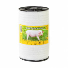 Nastro recinto elettrico 20 mm, 500 m, resistenza alla rottura 90 kg, resistenza elettrica 9 O/m.