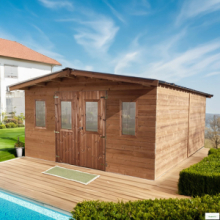Casette 3,80 x 4,80 m in legno trattato ad alta temperatura ( THT ), spess. 26 mm ,  tetto doppia pendenza, copertura acciaio