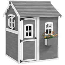 Casetta per Bambini 3-8 Anni con 6 Finestre e Fioriera, in Legno di Abete, 104,5x110x137 cm, Grigia